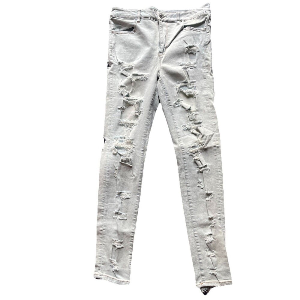 American Eagle Size 14 Super Stretch Womens Denim Jeans Light Wash Distressed
